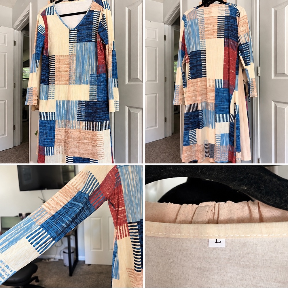 V-Neck Long Sleeve Patchwork Midi Dress in Blue, Cream & Red